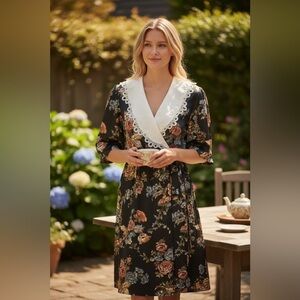 Vintage Floral Shoulder Pad Casual - 1/2 Wrap
Midi Dress
Uni Mondo - Size 12